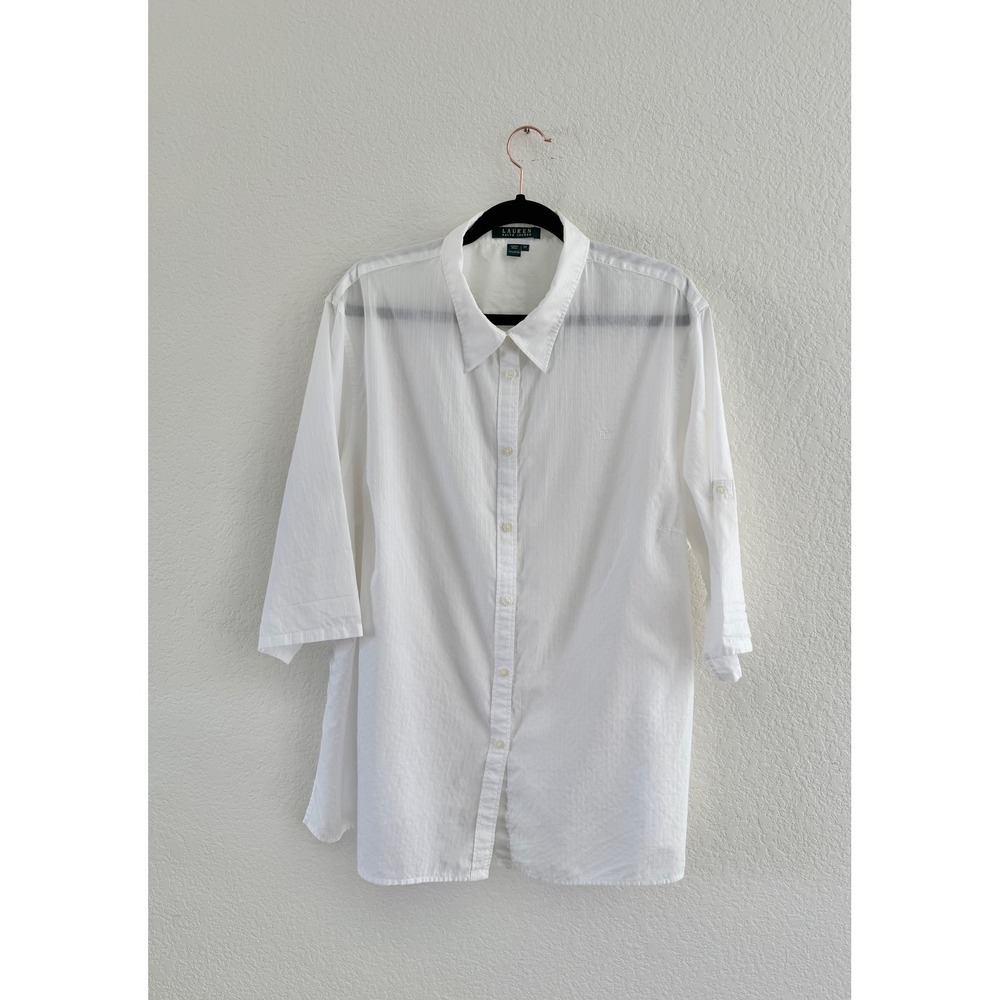 Lauren Ralph Lauren Button Down Women 3X White Dobby Stripe Cotton Shirt